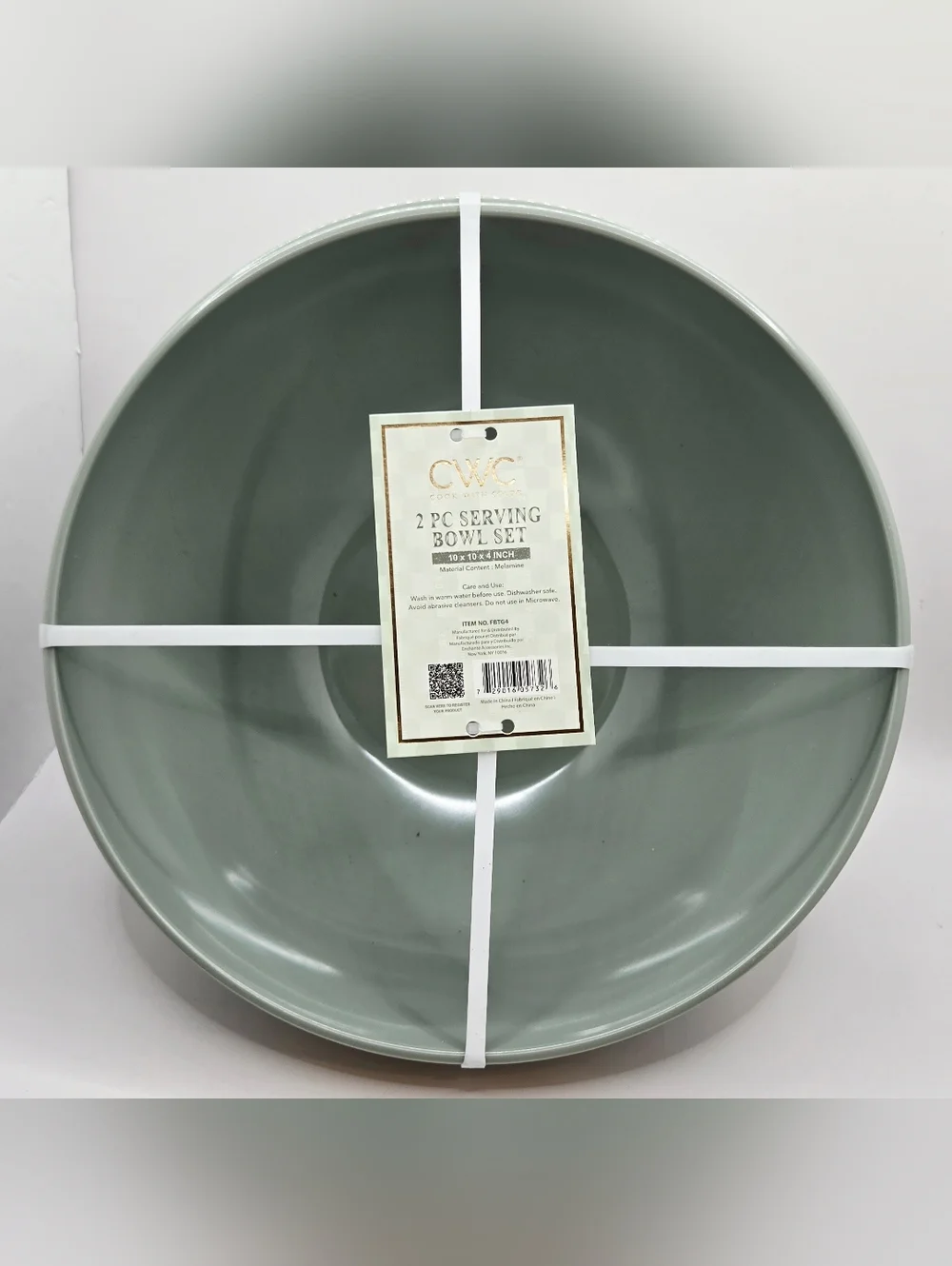 CWC 2 Pc Serving Bowl Set Sage Green Gold Trim 10” Melamine Decorative Nesting B